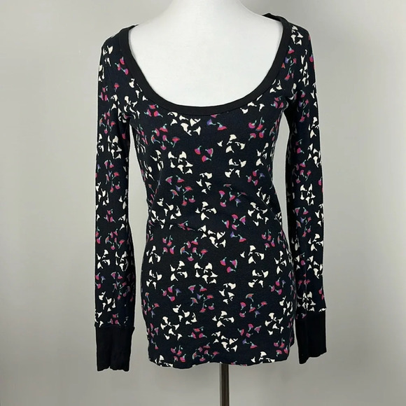 Anthropologie Lilka Thermal Top Sz M Floral Waffle Scoop Neck Y2K Grunge - Picture 3 of 10